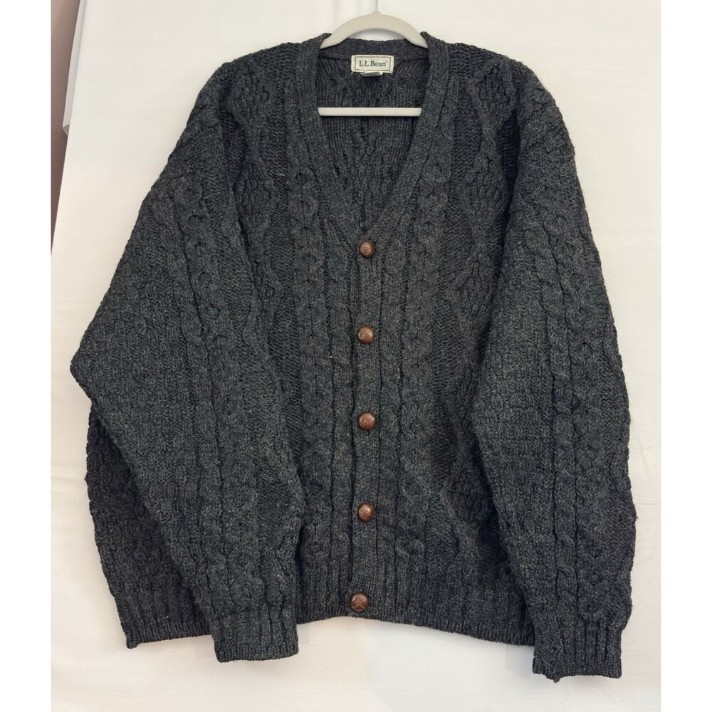 LL Bean Men Gray/Blue Cardigan sweater button up‎ 100% Wool Outdoors Large - Picture 2 of 13